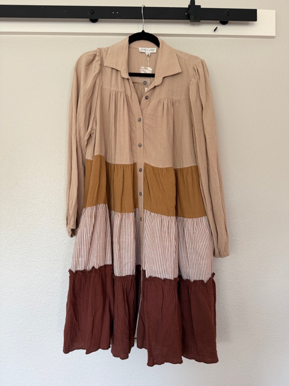 She + Sky Long-Sleeve Tiered Button-Front Dress in Beige, Mustard & Rust